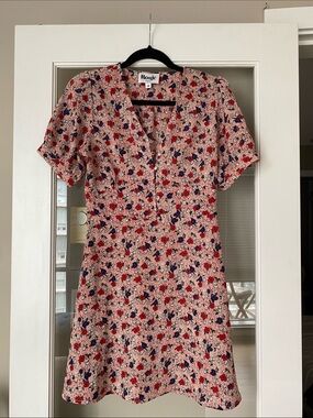 Rouje Pink Floral Mini Dress with Red and Blue Accents